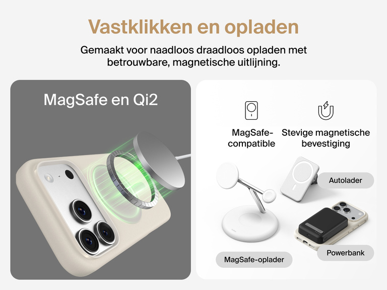 Belkin ScreenForce Protect-hoesje voor de iPhone 17, met opstaande randen ter bescherming van het scherm en de camera en dat gemaakt is ter ondersteuning van naadloos magnetisch draadloos opladen.