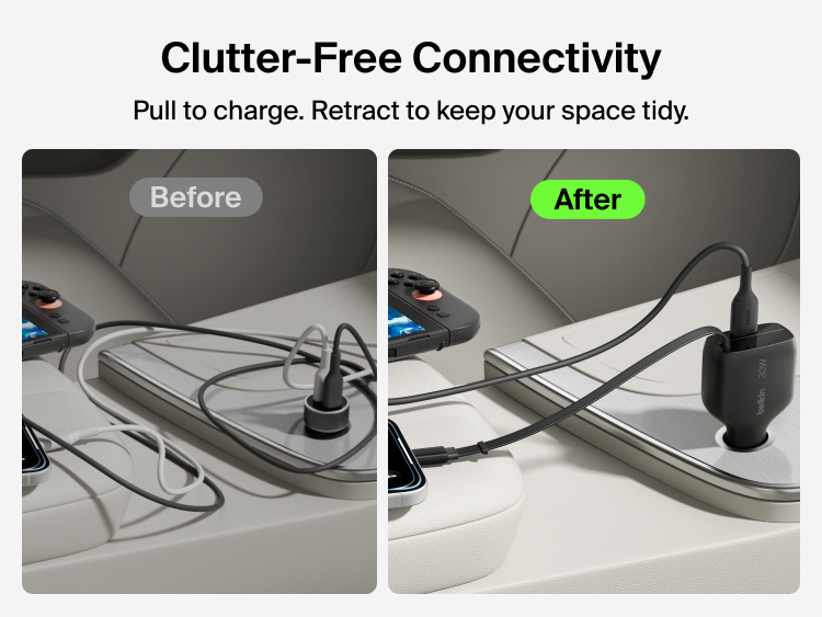 Belkin BoostCharge Retractable Car Charger 30W comparison showing clutter-free cable management with the built-in retractable USB-C cable.