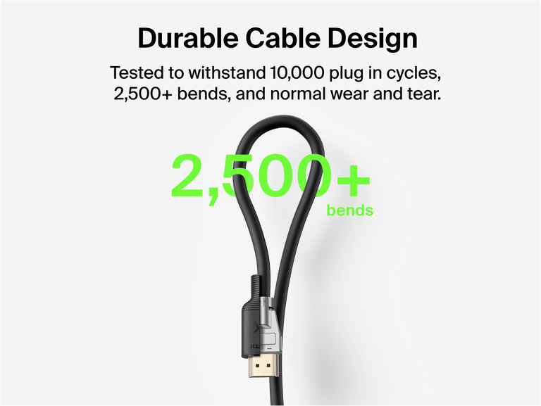Connect Ultra High-Speed HDMI&reg; Cable (8K) highlighting durable cable construction tested for over 10,000 plug-in cycles and 2,500+ bends.