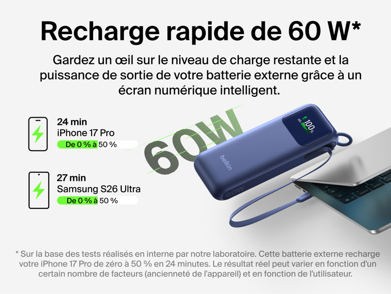 Image d'une batterie externe 11K UltraCharge avec c&acirc;ble r&eacute;tractable branch&eacute;e &agrave; un ordinateur portable, mettant en avant la recharge rapide de 60&nbsp;W permettant de recharger un t&eacute;l&eacute;phone de z&eacute;ro &agrave; 50&nbsp;% en moins de 30&nbsp;minutes.