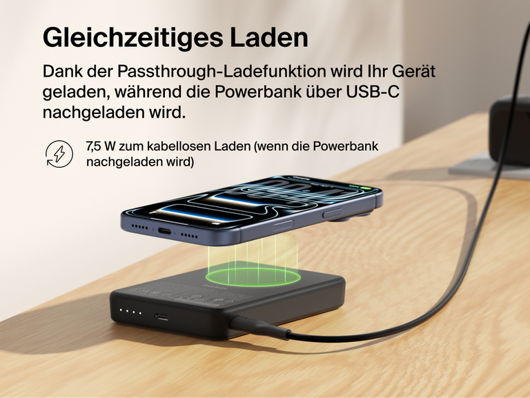 Belkin BoostCharge Slim Magnetic Power Bank 10K demonstrating pass-through charging with a smartphone wirelessly charging at 7.5W while the power bank recharges via USB-C