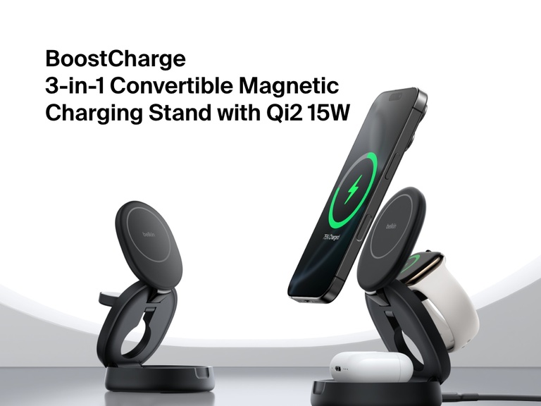 Belkin BoostCharge 3-in-1 Compact Magnetic Charging Stand shown charging an iPhone, Apple Watch, and AirPods with Qi2 15W fast wireless charging.