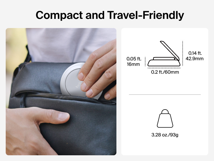 Belkin UltraCharge Magnetic Charger with Qi2 25W shown as a compact, travel-friendly accessory easily fitting into a bag with illustrated dimensions and lightweight design.