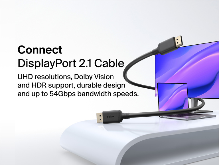 Connect DisplayPort 2.1 Cable plugged into a monitor and laptop, supporting UHD resolutions, Dolby Vision, HDR, and up to 54Gbps bandwidth speeds