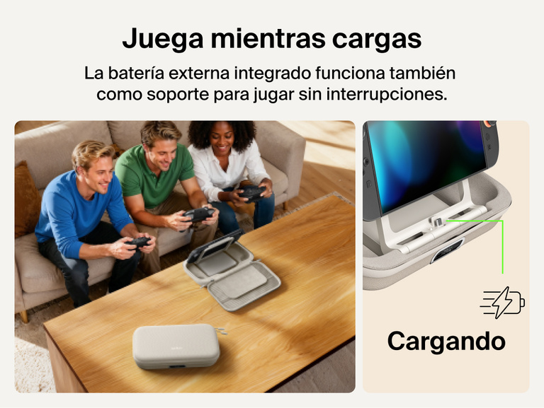 Belkin Gaming Charging Case Pro for Nintendo Switch 2 shown playing while charging with built-in power bank stand enabling uninterrupted tabletop gameplay.