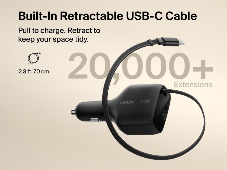 Belkin BoostCharge Retractable Car Charger 30W with a built-in 2.3 ft retractable USB-C cable rated for over 20,000 cable extensions.
