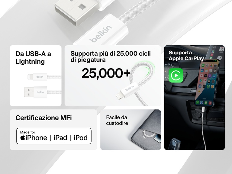 Il cavo USB-A con connettore Lightning Belkin BoostCharge resiste a più di 25:000 cicli di piegatura e vanta una certificazione MFi, il supporto di Apple CarPlay e un profilo compatto per garantire una ricarica e una sincronizzazione ottimale con iPhone, iPad e iPod.