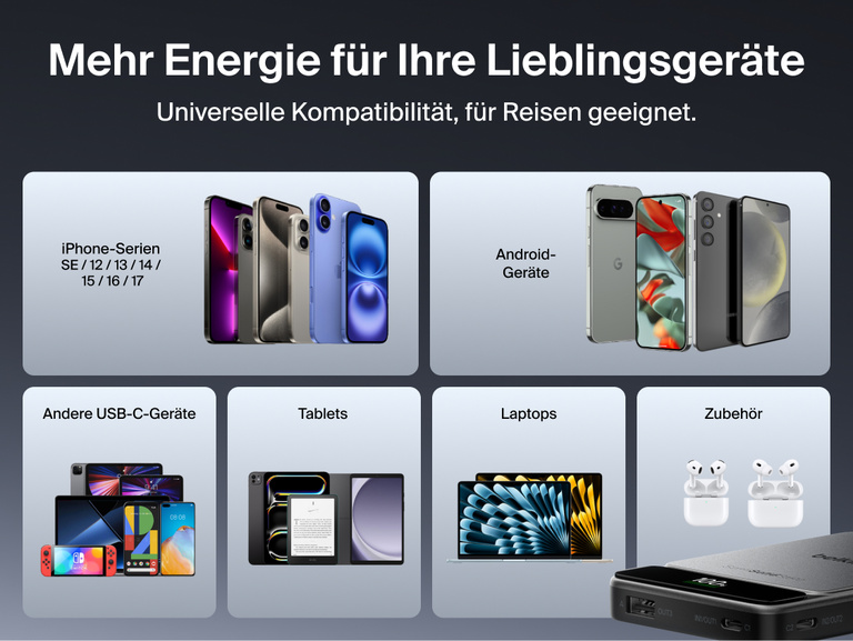 Die Belkin UltraCharge Pro Powerbank 10K mit BoostSolid-Zelle ist universell kompatibel und unterst&uuml;tzt das Laden von iPhones, Android-Ger&auml;ten, Tablets, Laptops und USB-C-Zubeh&ouml;r.