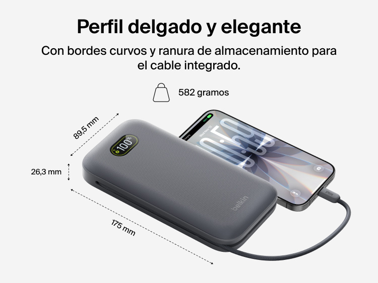 UltraCharge Pro Laptop Power Bank 27K with slim rounded design, integrated cable groove, and compact dimensions charging a smartphone