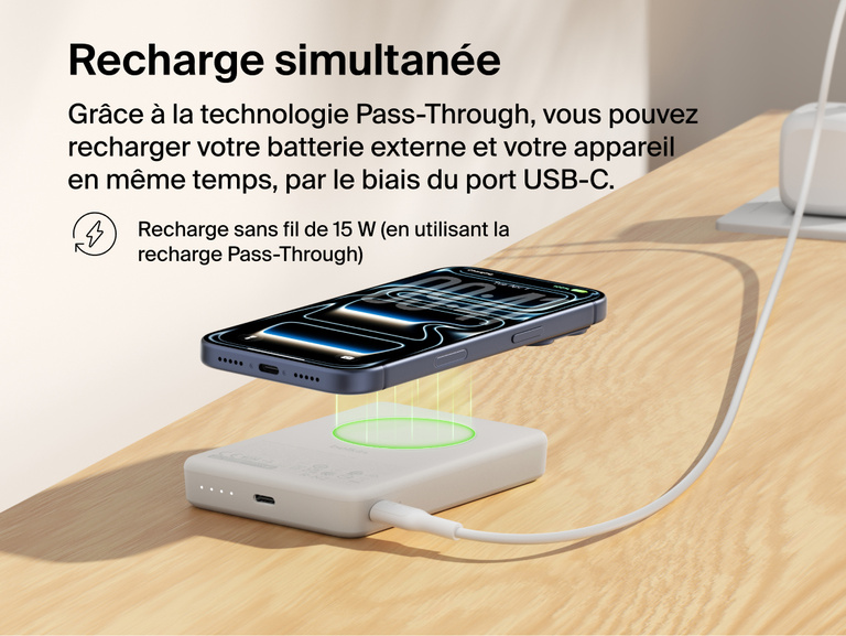 Slim Magnetic Power Bank 10K with Qi2 wirelessly charging smartphone while recharging via USB-C pass-through charging