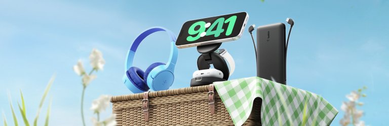 Belkin Spring Sale hero banner featuring wireless charging stand, over-ear headphones, and portable power bank for everyday tech essentials
