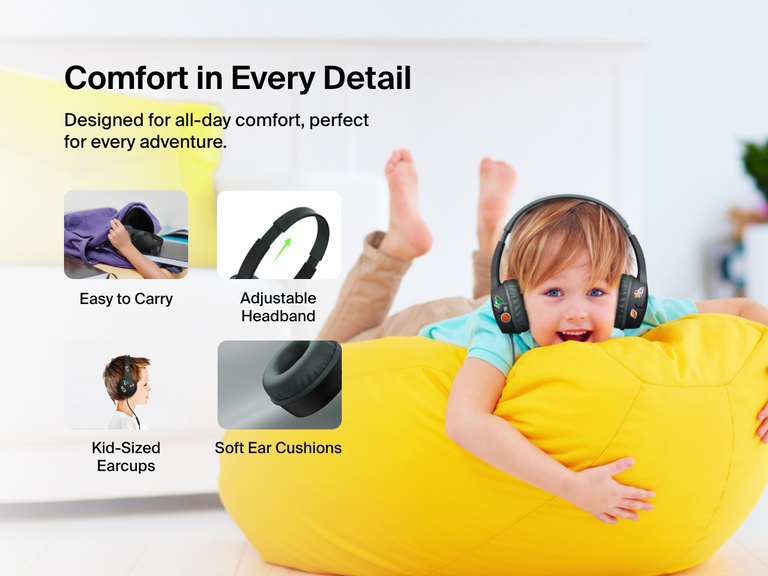 Smiling child wearing Belkin Wired On-Ear Headphones for Kids while lounging on a yellow beanbag, with callouts for soft ear cushions, adjustable headband, kid-sized earcups, and easy portability.