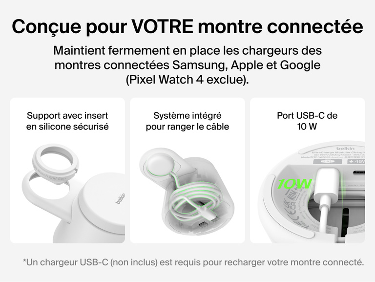 Image de la station de recharge modulaire Belkin UltraCharge avec Qi2 25&nbsp;W et son support avec insert s&eacute;curis&eacute; en silicone pour montres connect&eacute;es, son compartiment de rangement de c&acirc;ble, son port USB-C de 10&nbsp;W compatible avec les chargeurs des montres connect&eacute;es Apple, Google et Samsung.