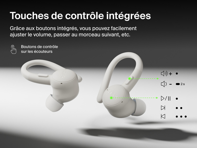 Belkin SoundForm ActiveFit Wireless Earbuds with secure ear hooks and built-in on-ear button controls for volume, track skipping, and playback.