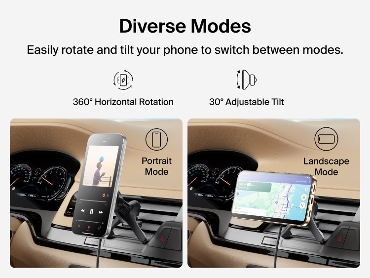 Belkin BoostCharge Magnetic Wireless Charging Car Vent Mount shown in portrait and landscape modes with 360° rotation and 30° tilt for adjustable in-car phone viewing.