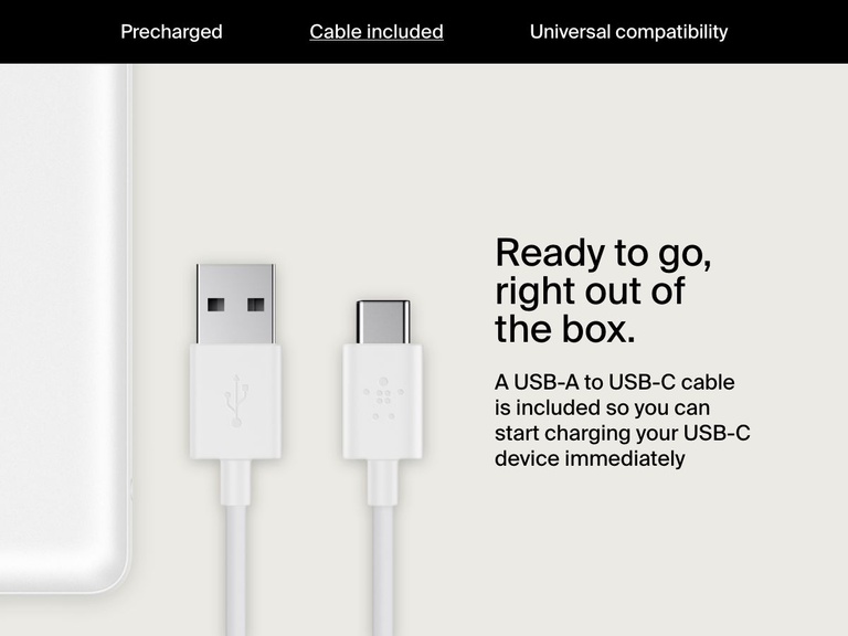 A USB-A to USB-C charging cable is shown next to a white Belkin BoostCharge Power Bank 20K with text indicating it’s included for immediate charging out of the box.