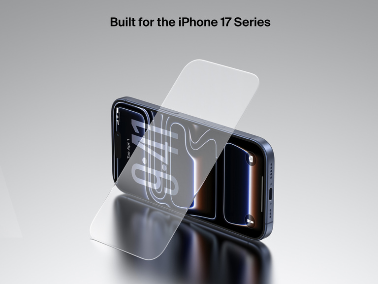 Belkin ScreenForce TemperedGlass Screen Protector shown on the latest iPhone, providing durable edge-to-edge protection with crystal-clear clarity.