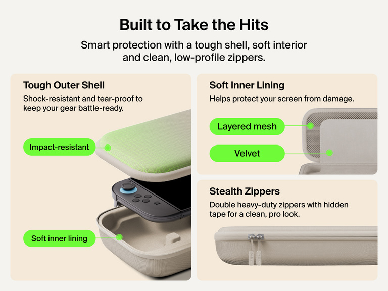 Belkin Gaming Charging Case for Nintendo Switch 2 features a shock-resistant outer shell, soft velvet-lined interior, layered mesh protection, and stealth zippers for durable, travel-ready protection.