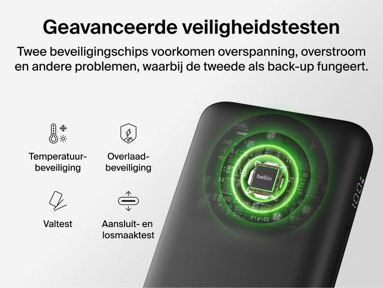 Belkin UltraCharge Pro Laptop Power Bank 25K featuring dual-chip safety protection with safeguards against overvoltage, overcurrent, temperature and drop impact