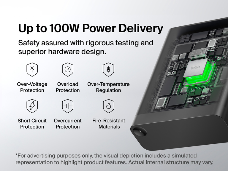 Connect 12-Port Dual Display USB-C Dock shown with its casing open to reveal internal circuitry, illustrating the Belkin 6-Point Safety System including over-voltage, overload, over-temperature, short circuit, overcurrent, and fire-resistant protections