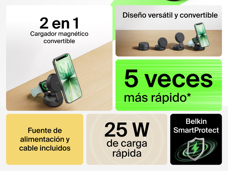 El cargador magn&eacute;tico convertible 2 en 1 con Qi2 de 25 W Belkin UltraCharge Pro est&aacute; provisto de un vers&aacute;til dise&ntilde;o modular, acoplamiento magn&eacute;tico seguro y carga inal&aacute;mbrica hasta 5 veces m&aacute;s r&aacute;pida. Asimismo, se comercializa con un cable y una fuente de alimentaci&oacute;n.