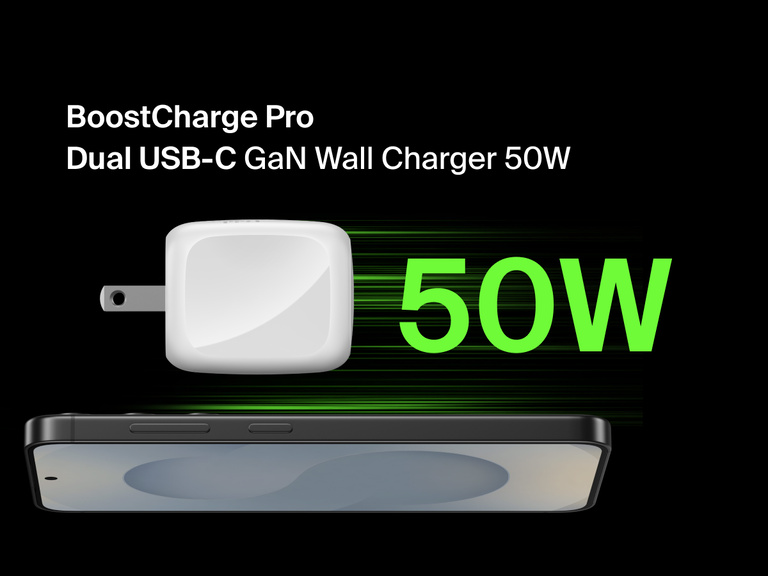 Belkin BoostCharge Pro Dual USB-C GaN Wall Charger 50W in white with compact foldable design shown alongside bold green 50W text on a black background.