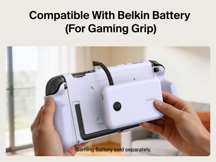 Belkin Gaming Grip for Nintendo Switch 2 is compatible with the Belkin Gaming Battery, enabling magnetic attachment for extended gaming sessions.