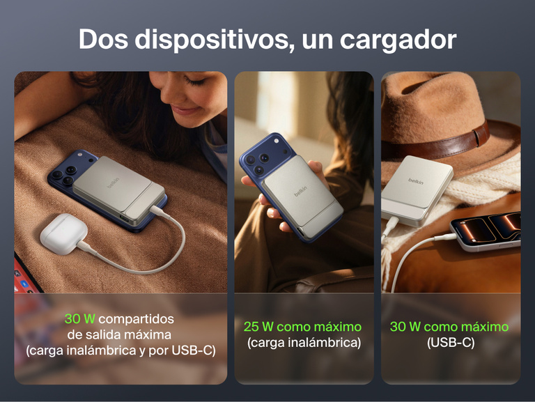 Belkin UltraCharge Slim Magnetic Power Bank 10K shown powering devices across everyday carry, work, travel, and business use scenarios with magnetic wireless charging and portable design