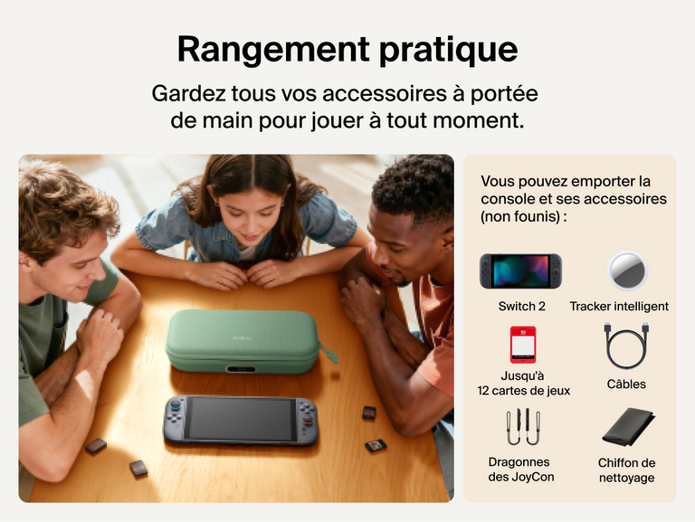 Belkin Gaming Charging Case Pro for Nintendo Switch 2 shown storing the console, game cards, cables, and accessories for organized, game-ready portability.