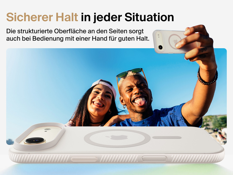 Belkin SheerForce Grip Series Case for iPhone 17 with military-grade drop protection and textured non-slip grip.