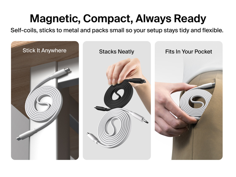 Lifestyle image showing Belkin BoostCharge Pro Magnetic USB-C Cable 240W self-coiling to stay organized, stacking neatly, and packing compactly for tidy, flexible setups at home or on the go.