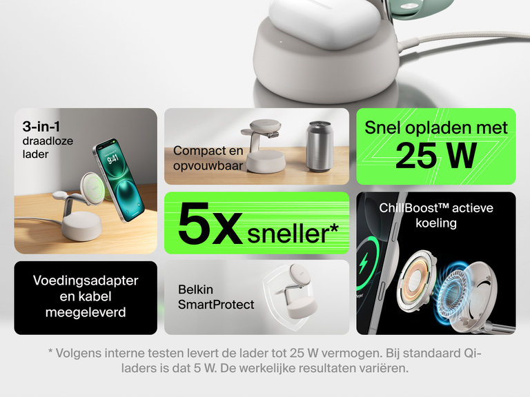 Het Belkin UltraCharge Pro 3-in-1 magnetische laadstation met Qi2 25W biedt draadloos opladen, ChillBoost™ actieve koeling en een compact, opvouwbaar ontwerp voor iPhone, Apple Watch en AirPods.