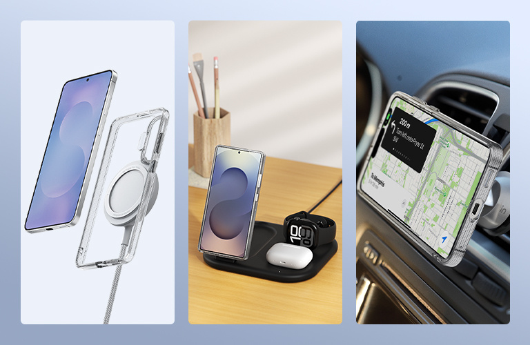 A promotional image showcasing the SheerForce™ Magnetic iPhone Case's MagSafe compatibility. The image highlights how the case securely attaches to MagSafe accessories, including car mounts, phone stands, and wireless charging docks, ensuring a seamless and efficient charging experience. The transparent case features a built-in magnetic ring for a strong connection to MagSafe-enabled devices.