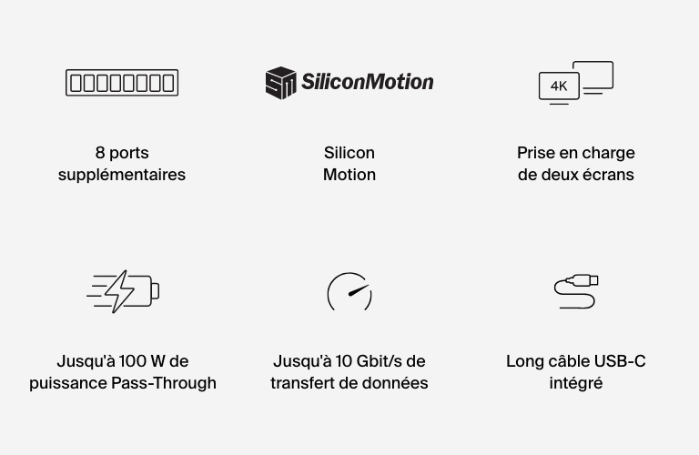 Concentrateur central universel USB-C 8-en-1 à double affichage Belkin Connect avec technologie Silicon Motion - Compatible avec Mac, Windows, et Chromebook - 100 W PD avec vitesses de transfer de 10 Gb/s et ethernet 1 GbE - argent