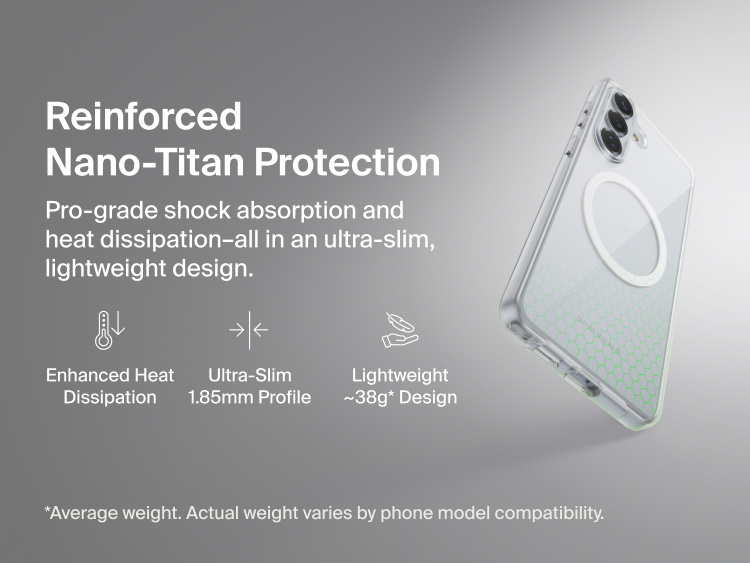 Belkin SheerForce Clear Series Case for Samsung Galaxy S26 shown in close-up, highlighting reinforced Nano-Titan protection with shock absorption, heat dissipation, ultra-slim 1.85 mm profile, and lightweight protective design.