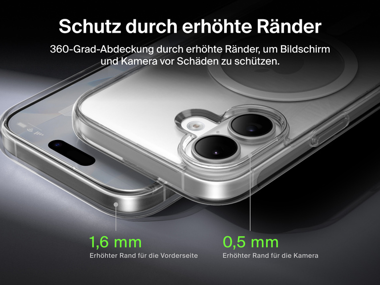 Belkin SheerForce Clear Series Case for iPhone 17 with elevated edge protection featuring 1.6mm front raised edge and 0.5mm camera raised edge for 360-degree coverage.