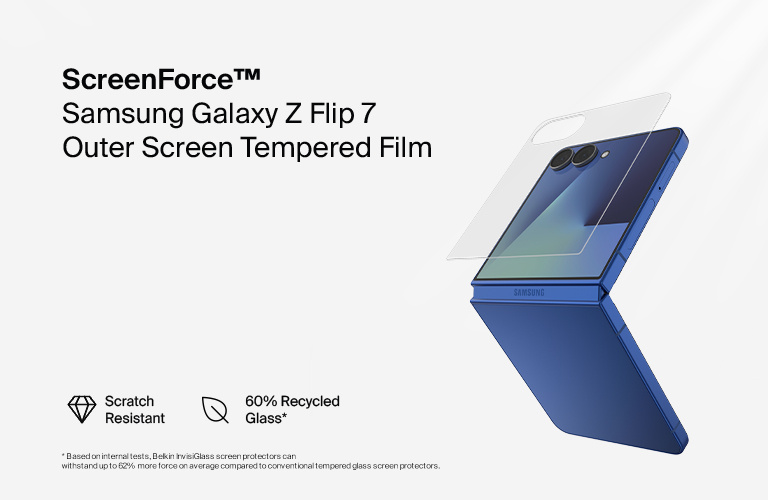  Marketing image of the Belkin ScreenForce InvisiGlass Treated Screen Protector for Samsung Galaxy S25 Edge, highlighting features like scratch resistance, 360° screen protection, and construction with 60% recycled glass. A phone with the screen protector is shown on the right.