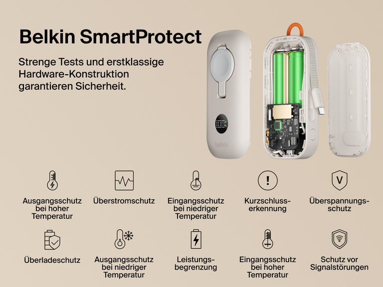 Die Belkin BoostCharge Pro Powerbank 10K mit Apple Watch Ladeger&auml;t ist mit Belkin SmartProtect-Technologie versehen, die Schutz vor &Uuml;berstrom, Kurzschluss, &Uuml;bertemperatur und &Uuml;berspannungen liefert, um sicheres Laden zu gew&auml;hrleisten.