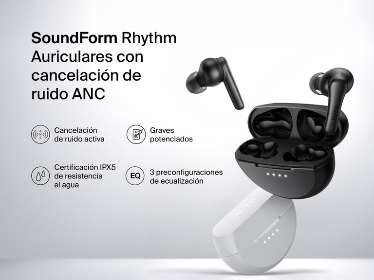 Imagen de los auriculares con cancelación de ruido ANC Belkin SoundForm Rhythm en dos colores. negro y blanco, con estuches de carga, función de cancelación activa de ruido, graves potenciados, grado IPX5 de resistencia al agua y 3 preconfiguraciones de ecualización.