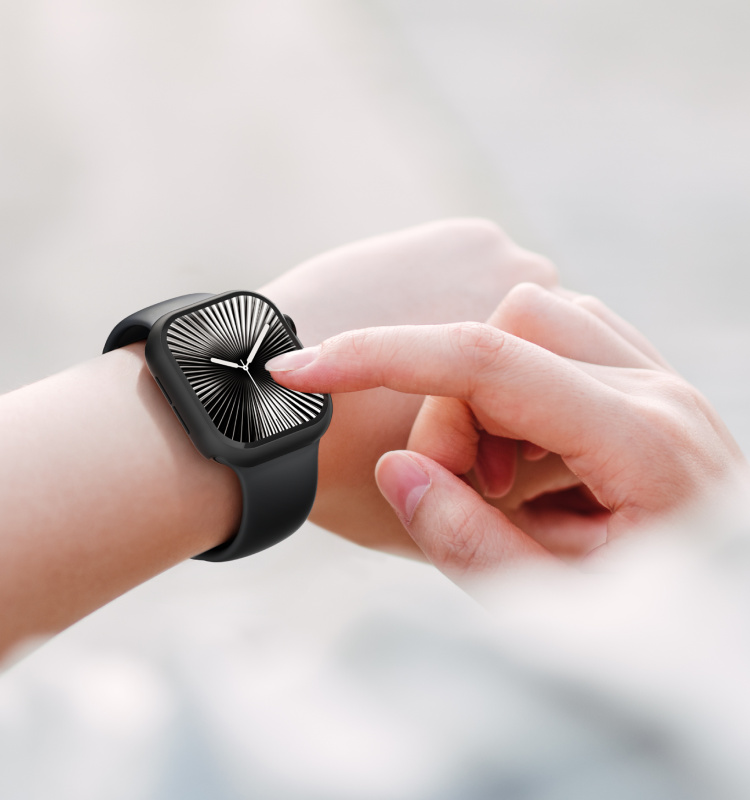 Close-up image of a person interacting with an Apple Watch featuring a sleek, protective screen cover, emphasizing touch sensitivity and clarity.