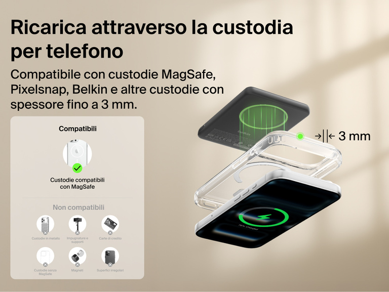 Belkin BoostCharge Slim Magnetic Power Bank 5K with Qi2 wirelessly charging a smartphone through a MagSafe-compatible case up to 3 mm thick for convenient everyday use.