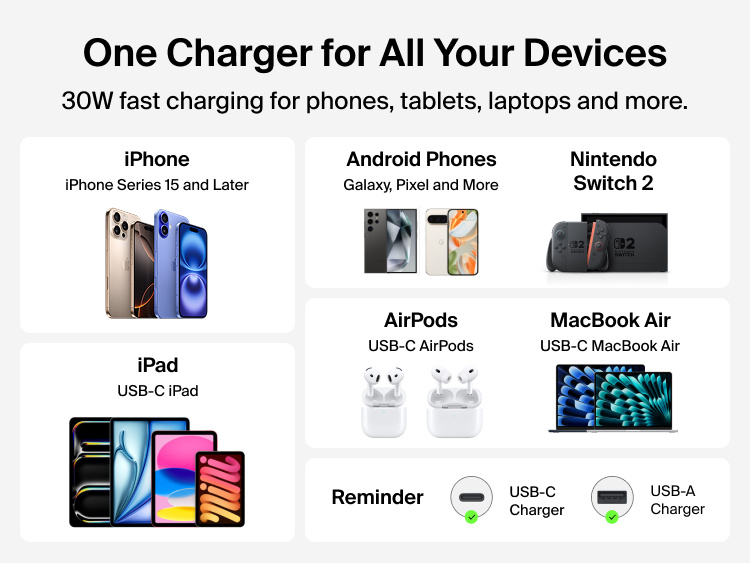Belkin BoostCharge Retractable Car Charger 30W compatible with iPhone, iPad, Android phones, AirPods, Nintendo Switch 2, MacBook Air, and other USB-C devices.