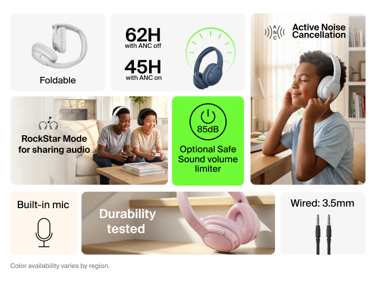 SoundForm Play Active Noise Cancelling Headphones for Kids feature grid highlighting active noise cancellation, up to 62 hours of battery life, RockStar Mode for sharing audio, a 3.5mm wired option, an 85dB safe sound volume limiter, a foldable design, a built-in mic, and durability testing