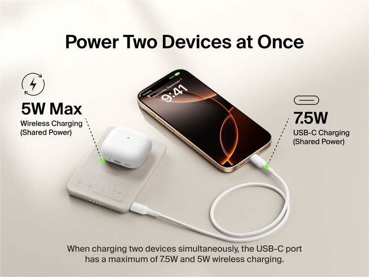 Belkin BoostCharge Slim Magnetic Power Bank 5K shown charging a smartphone and wireless earbuds simultaneously, demonstrating dual charging with 7.5W USB-C and 5W wireless shared power output.