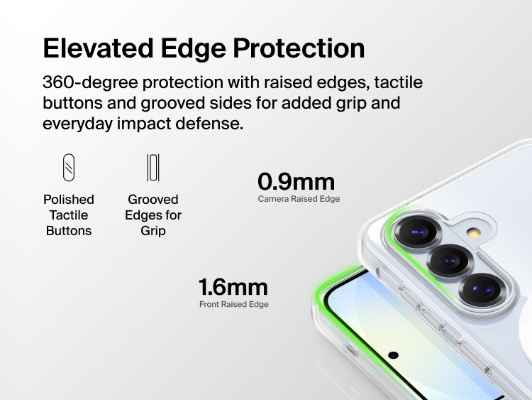 Belkin SheerForce Clear Series Case for Samsung Galaxy S26 shown with elevated edge protection, featuring raised front and camera edges, tactile buttons, and grooved sides for enhanced grip and impact protection.