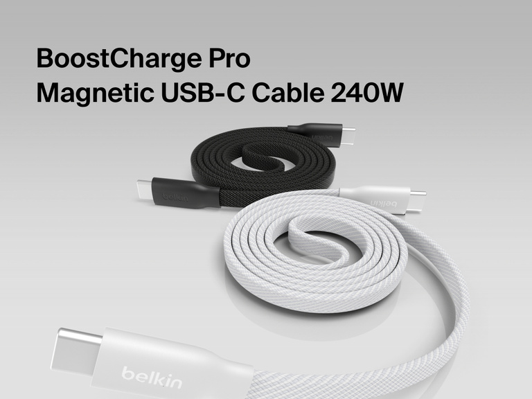 BoostCharge Pro Magnetic USB-C Cable 240W shown coiled with magnetic USB-C connectors, designed for fast, high-power charging and durable everyday use.