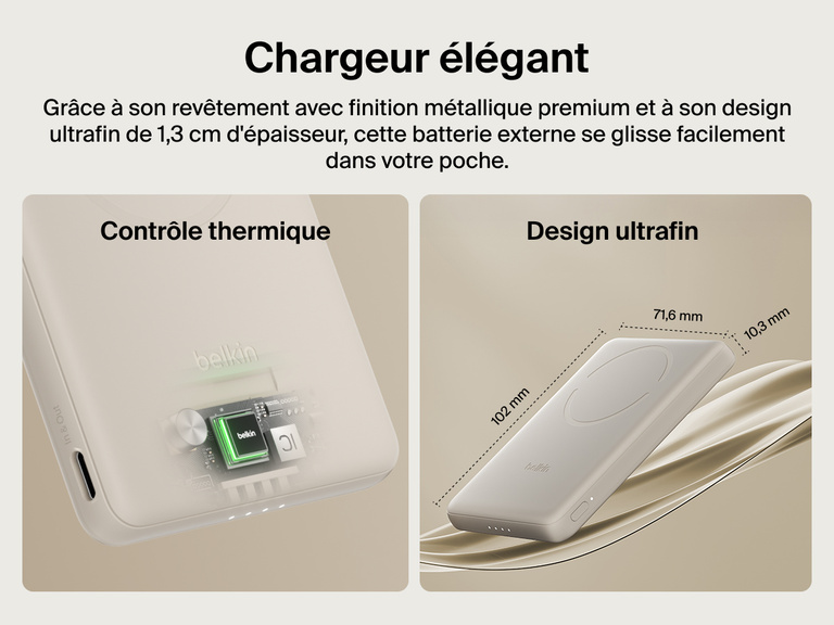 Belkin BoostCharge Slim Magnetic Power Bank 5K shown with smart thermal control and ultra-slim 0.5-inch profile designed for portable, pocket-friendly charging.
