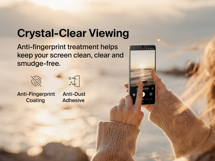 Belkin ScreenForce Titan SmartShield Privacy Filter Screen Protector for Samsung Galaxy S26 demonstrating crystal-clear viewing with anti-fingerprint coating and anti-dust adhesive to keep the display clean, clear, and smudge-free.