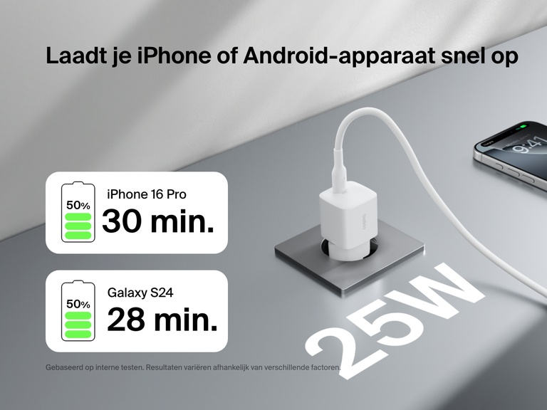 Belkin BoostCharge USB-C Wall Charger 25W delivers fast charging for iPhone 16 Pro and Galaxy S24, powering up to 50% in around 30 minutes.