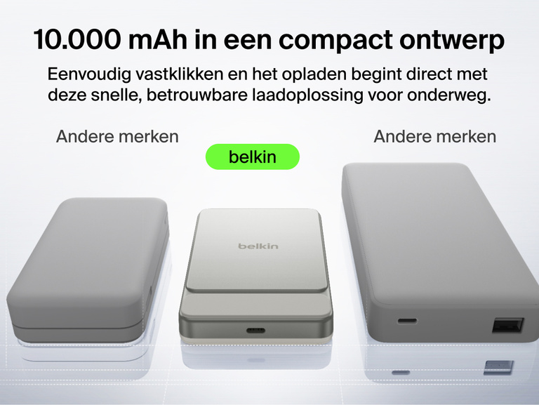 Belkin UltraCharge Slim Magnetic Power Bank 10K highlighting premium aluminum finish, ergonomic grip, soft-touch magnetic surface, digital display, and portable wireless charging design